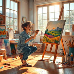 A whimsical scene of an artist in a sunlit studio, brush in hand, focusing intensely on creating a masterpiece