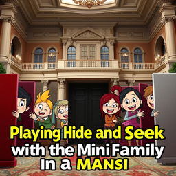 A YouTube thumbnail featuring a comical and fun reaction to a video titled "Playing Hide and Seek with the Mini Family in a Mansion