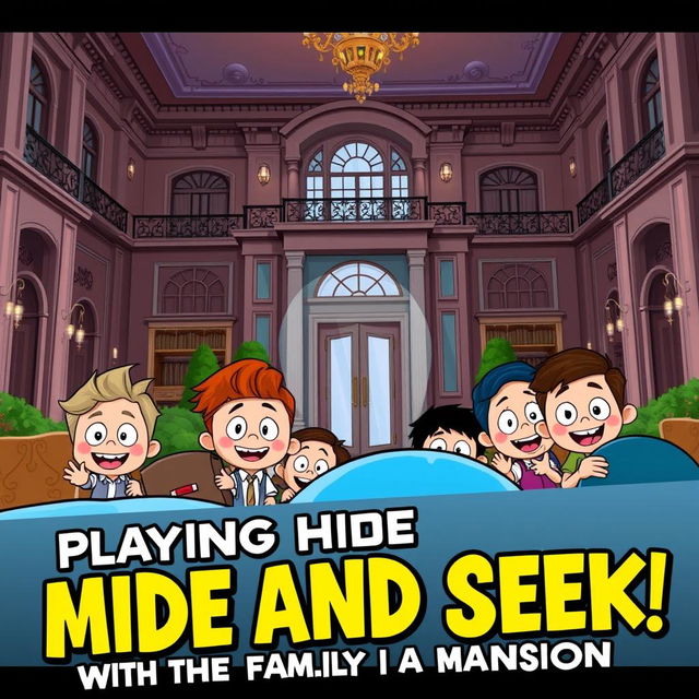 A YouTube thumbnail featuring a comical and fun reaction to a video titled "Playing Hide and Seek with the Mini Family in a Mansion