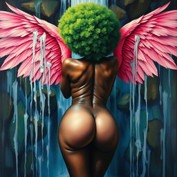 A polished, oil-based painting depicting a full nude backside body aerial view of a gorgeous black woman with a bright green tree afro and pink flamingo wings