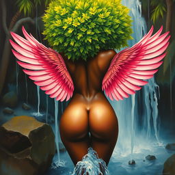 A polished, oil-based painting depicting a full nude backside body aerial view of a gorgeous black woman with a bright green tree afro and pink flamingo wings