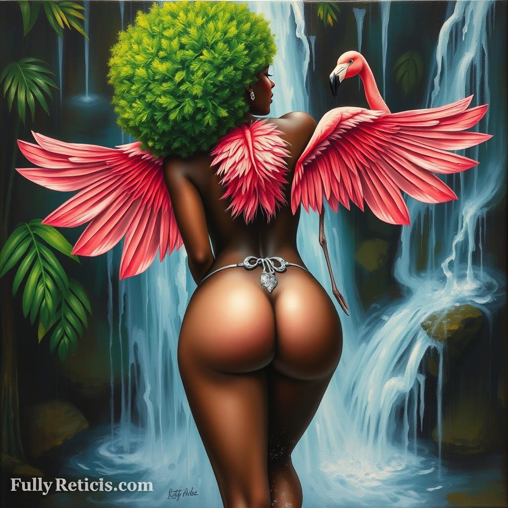 A polished, oil-based painting depicting a full nude backside body aerial view of a gorgeous black woman with a bright green tree afro and pink flamingo wings