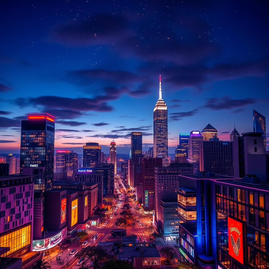 A vibrant, modern cityscape at night, with colorful lights reflecting off sleek skyscrapers