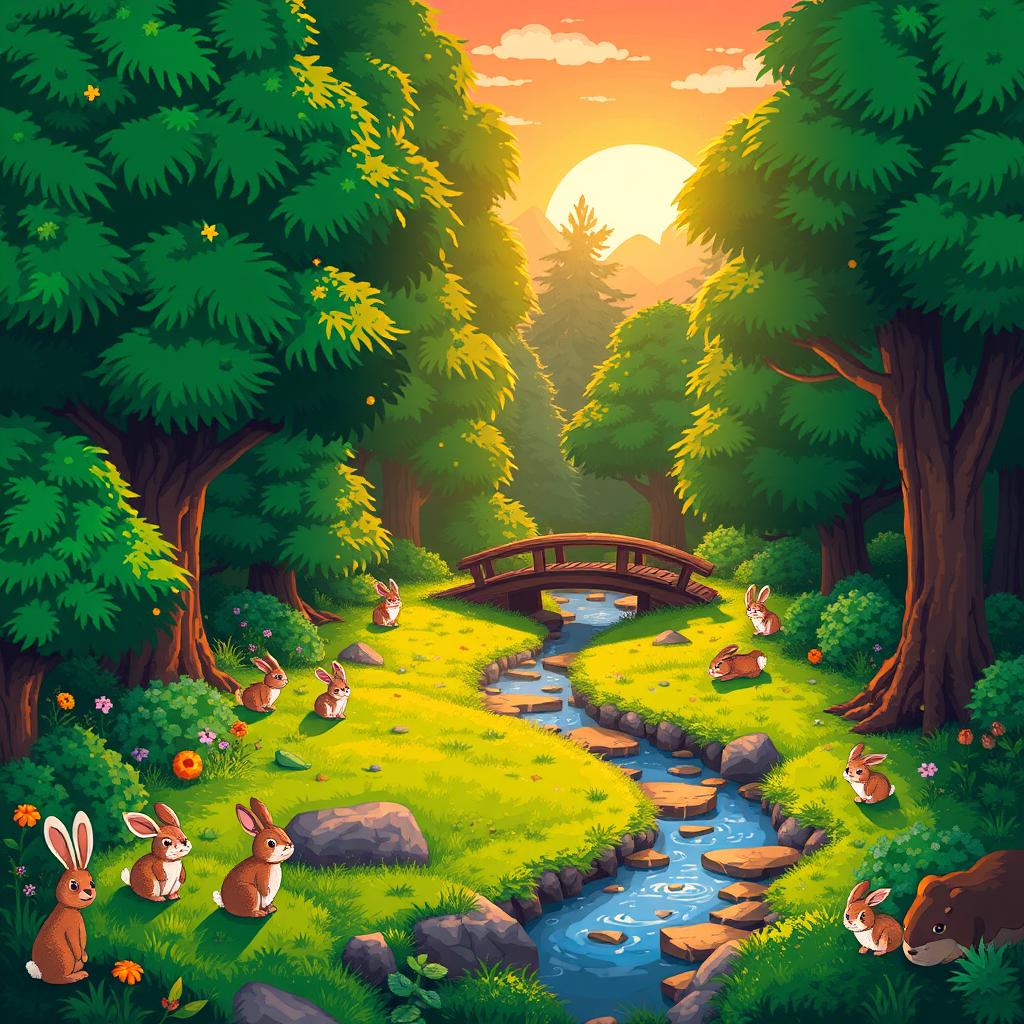 A vibrant and detailed pixel art scene of a serene forest with lush green trees, a gentle stream flowing through, and a small, charming wooden bridge