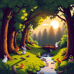 A vibrant and detailed pixel art scene of a serene forest with lush green trees, a gentle stream flowing through, and a small, charming wooden bridge