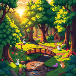 A vibrant and detailed pixel art scene of a serene forest with lush green trees, a gentle stream flowing through, and a small, charming wooden bridge