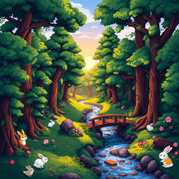 A vibrant and detailed pixel art scene of a serene forest with lush green trees, a gentle stream flowing through, and a small, charming wooden bridge