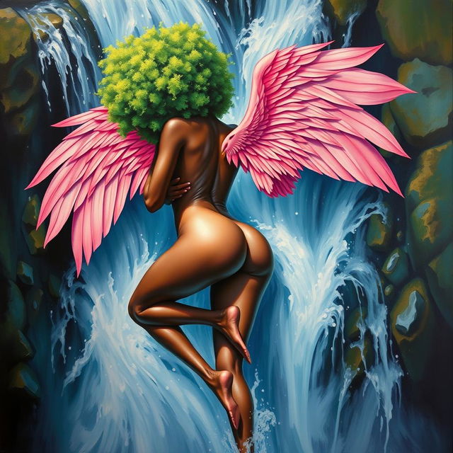 A polished, oil-based painting depicting a full nude body aerial view of a gorgeous black woman with a bright green tree afro and pink flamingo wings, showcased in a sensual pose