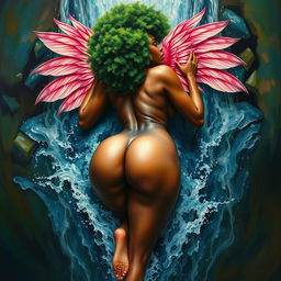 A polished, oil-based painting depicting a full nude body aerial view of a gorgeous black woman with a bright green tree afro and pink flamingo wings, showcased in a sensual pose