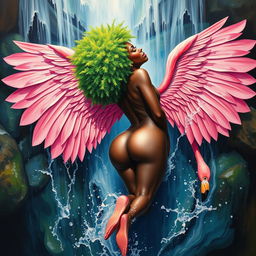 A polished, oil-based painting depicting a full nude body aerial view of a gorgeous black woman with a bright green tree afro and pink flamingo wings, showcased in a sensual pose