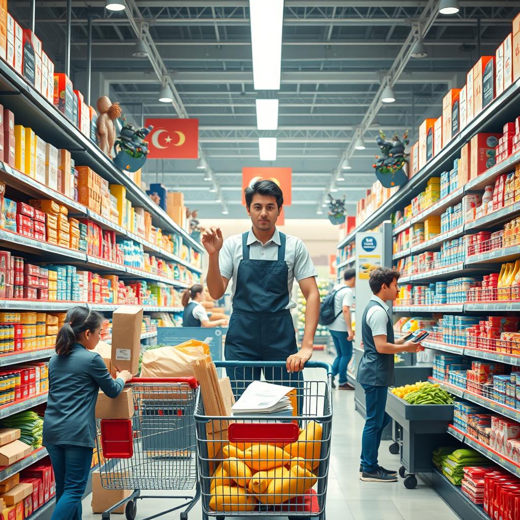 A dynamic and bustling supermarket scene showcasing the different daily tasks and experiences of an employee in a supermarket