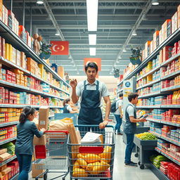 A dynamic and bustling supermarket scene showcasing the different daily tasks and experiences of an employee in a supermarket