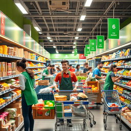 A dynamic and bustling supermarket scene showcasing the different daily tasks and experiences of an employee in a supermarket