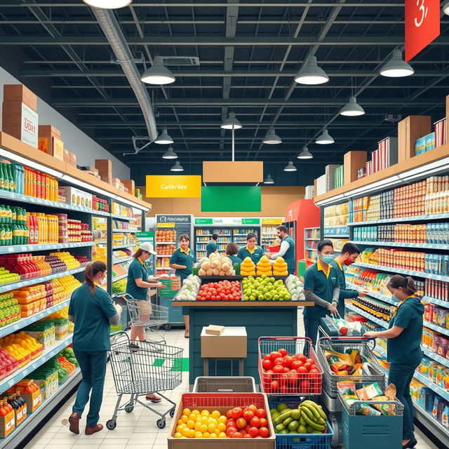 A dynamic and bustling supermarket scene showcasing the different daily tasks and experiences of an employee in a supermarket