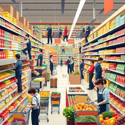 A dynamic and bustling supermarket scene showcasing the different daily tasks and experiences of an employee in a supermarket