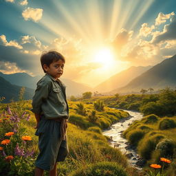 A powerful, emotive scene capturing a young boy in a lush, natural landscape symbolizing hope and resilience