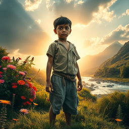 A powerful, emotive scene capturing a young boy in a lush, natural landscape symbolizing hope and resilience