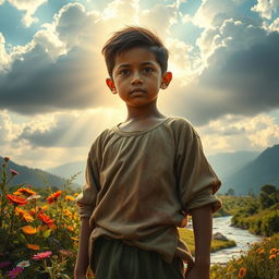 A powerful, emotive scene capturing a young boy in a lush, natural landscape symbolizing hope and resilience