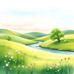 A beautiful watercolor painting featuring a serene landscape with a lush green meadow, gentle rolling hills, and a calming river flowing through