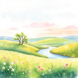 A beautiful watercolor painting featuring a serene landscape with a lush green meadow, gentle rolling hills, and a calming river flowing through