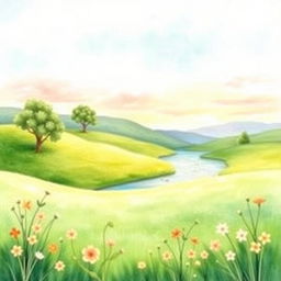 A beautiful watercolor painting featuring a serene landscape with a lush green meadow, gentle rolling hills, and a calming river flowing through