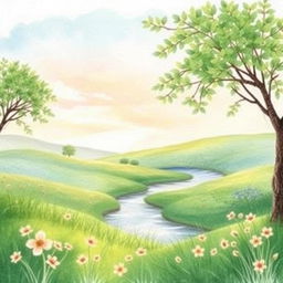 A beautiful watercolor painting featuring a serene landscape with a lush green meadow, gentle rolling hills, and a calming river flowing through