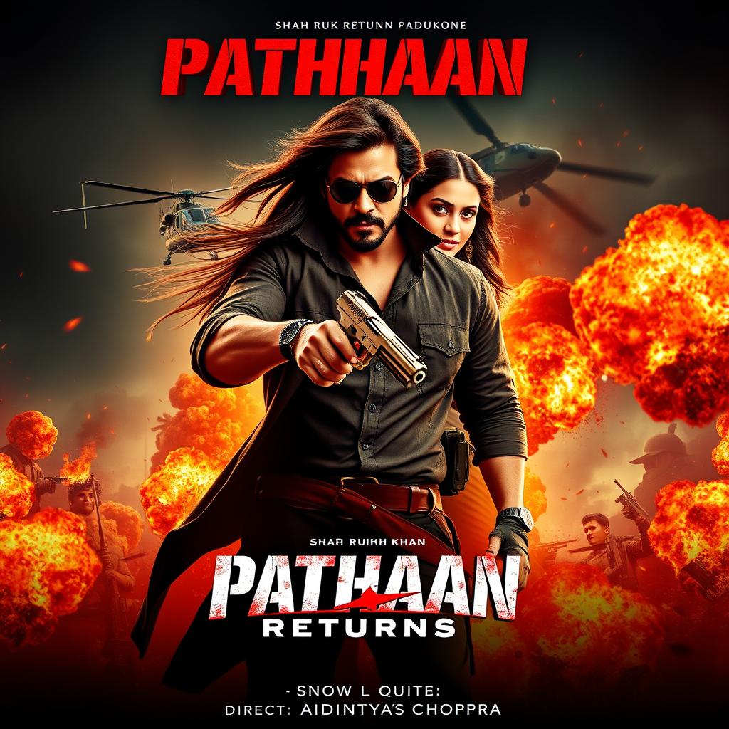 A dynamic and action-packed movie poster for 'Pathaan Returns'