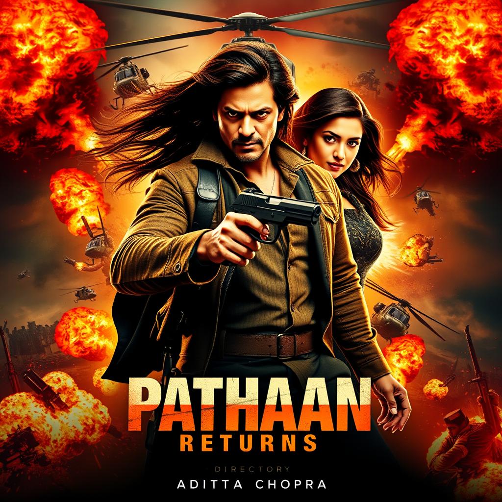 A dynamic and action-packed movie poster for 'Pathaan Returns'