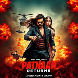 A dynamic and action-packed movie poster for 'Pathaan Returns'