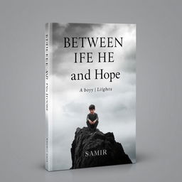 A poignant and melancholic book cover design for "Between Life and Hope: A Boy Fights" by Samir