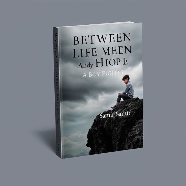 A poignant and melancholic book cover design for "Between Life and Hope: A Boy Fights" by Samir