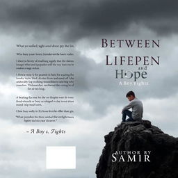 A poignant and melancholic book cover design for "Between Life and Hope: A Boy Fights" by Samir