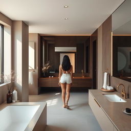 a person standing in a modern bathroom, soft lighting, sleek and minimalistic decor, warm color tones, natural reflections in the mirror, artistic and tasteful composition