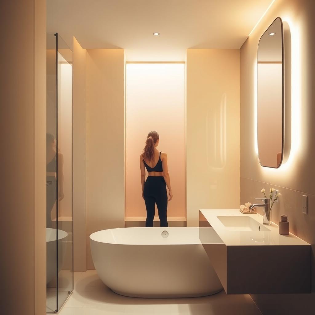 a person standing in a modern bathroom, soft lighting, sleek and minimalistic decor, warm color tones, natural reflections in the mirror, artistic and tasteful composition