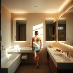 a person standing in a modern bathroom, soft lighting, sleek and minimalistic decor, warm color tones, natural reflections in the mirror, artistic and tasteful composition