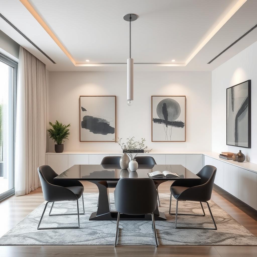 A modern dining room with sleek furniture and minimalist decor