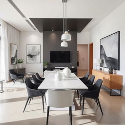 A modern dining room with sleek furniture and minimalist decor