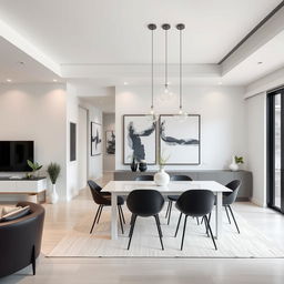 A modern dining room with sleek furniture and minimalist decor