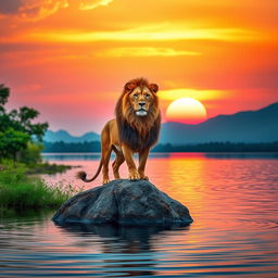 A serene lakeside scene at sunset with a majestic lion standing proudly on a rock