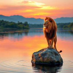 A serene lakeside scene at sunset with a majestic lion standing proudly on a rock