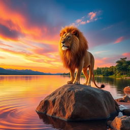 A serene lakeside scene at sunset with a majestic lion standing proudly on a rock