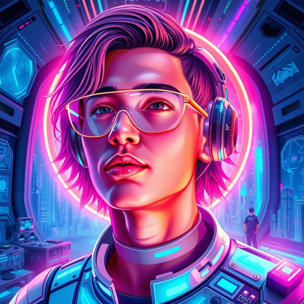 A vibrant and futuristic self-portrait showcasing the artist in a utopian setting, reflecting advanced technology and innovation