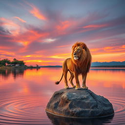 A serene lakeside scene at sunset with a majestic lion standing proudly on a rock