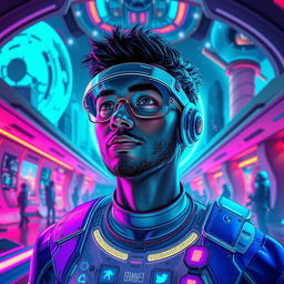 A vibrant and futuristic self-portrait showcasing the artist in a utopian setting, reflecting advanced technology and innovation