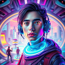 A vibrant and futuristic self-portrait showcasing the artist in a utopian setting, reflecting advanced technology and innovation