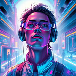 A vibrant and futuristic self-portrait showcasing the artist in a utopian setting, reflecting advanced technology and innovation