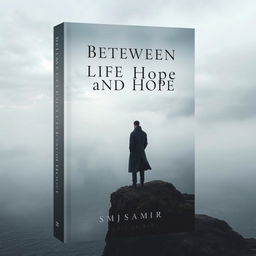 A somber book cover design featuring a solitary figure standing at the edge of a cliff, overlooking a vast, misty ocean