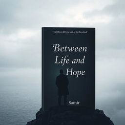 A somber book cover design featuring a solitary figure standing at the edge of a cliff, overlooking a vast, misty ocean