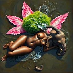 A polished, oil-based painting depicting a full nude body aerial view of a gorgeous black woman with a bright green tree afro and pink flamingo wings