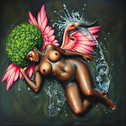 A polished, oil-based painting depicting a full nude body aerial view of a gorgeous black woman with a bright green tree afro and pink flamingo wings